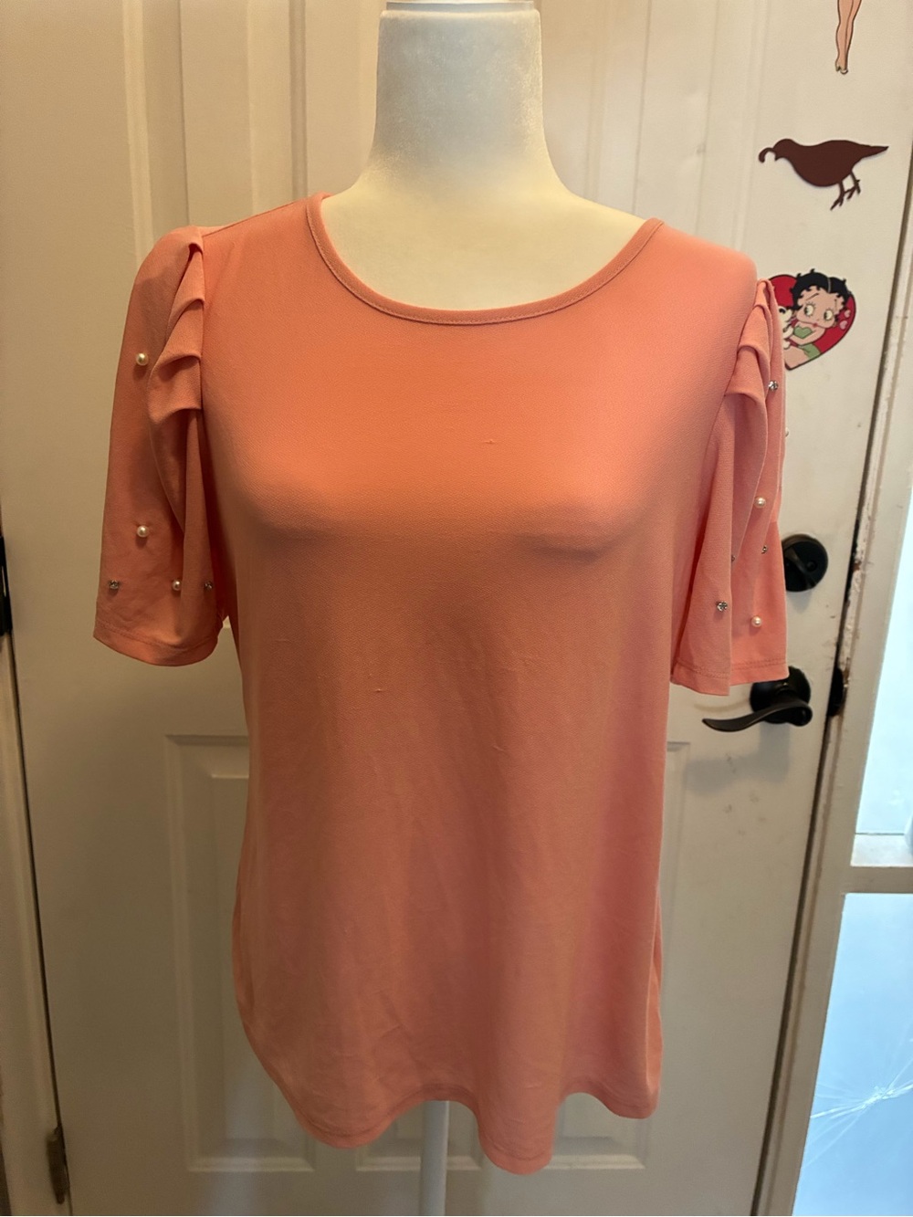 Love Blush Pink Short Sleeve Top with Pearl Sleeve Accents